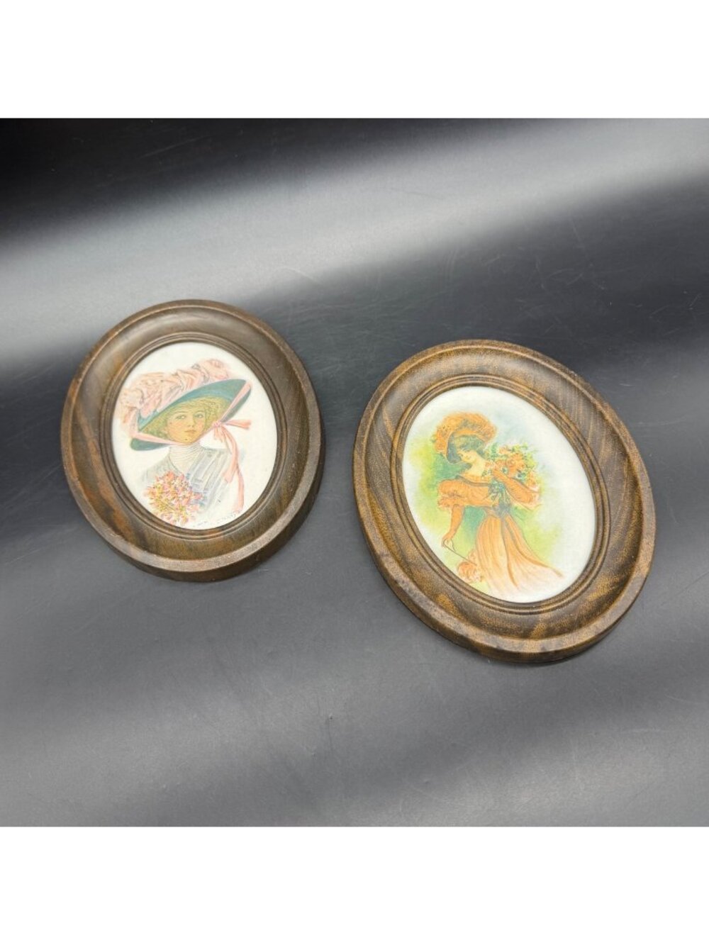 Antique Lady Prints Oval Metal Frames 1910s Set Of 2 Vintage Decor Art Nouveau